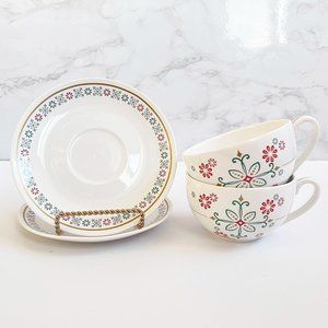 Starbucks 2006 Christmas Holiday Red Floral Cups & Saucers, Set of 2, Tea Coffee